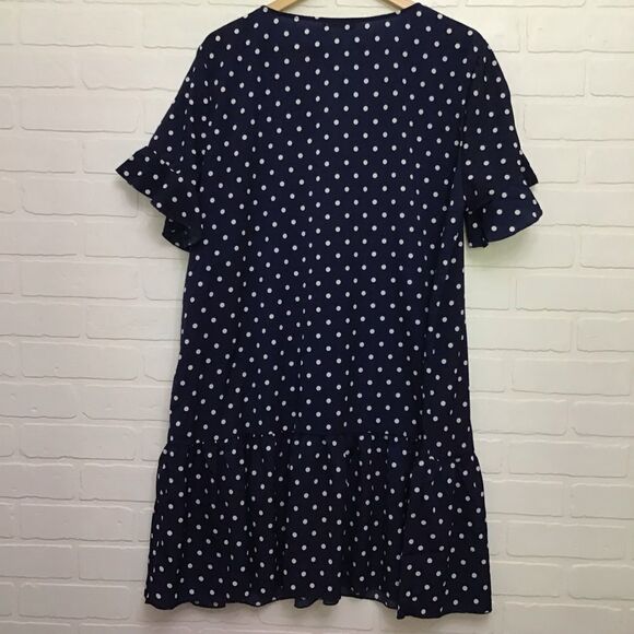 Shein 2XL Polka Dots Dress Navy Blue Plus Size lightweight woven button up v nec - Picture 2 of 11